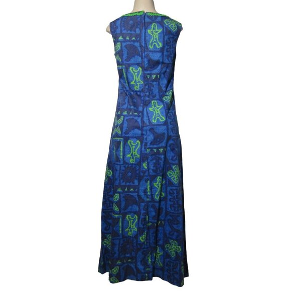 VTG 70s Hawaiian M L Tiki Polynesian Boho Retro Mod Luau Blue Maxi Hostess Dress - Picture 6 of 10
